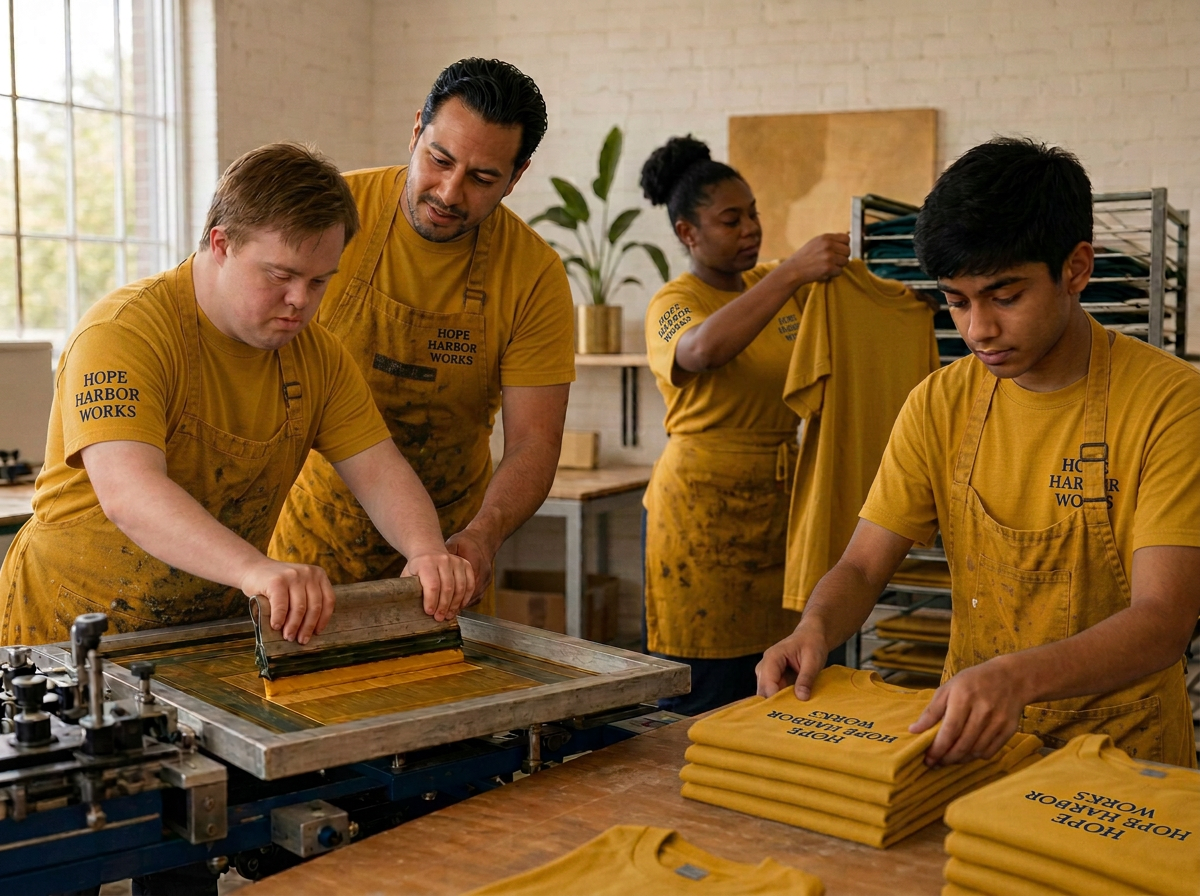 Students screen-printing a shirt in an apparel workshop