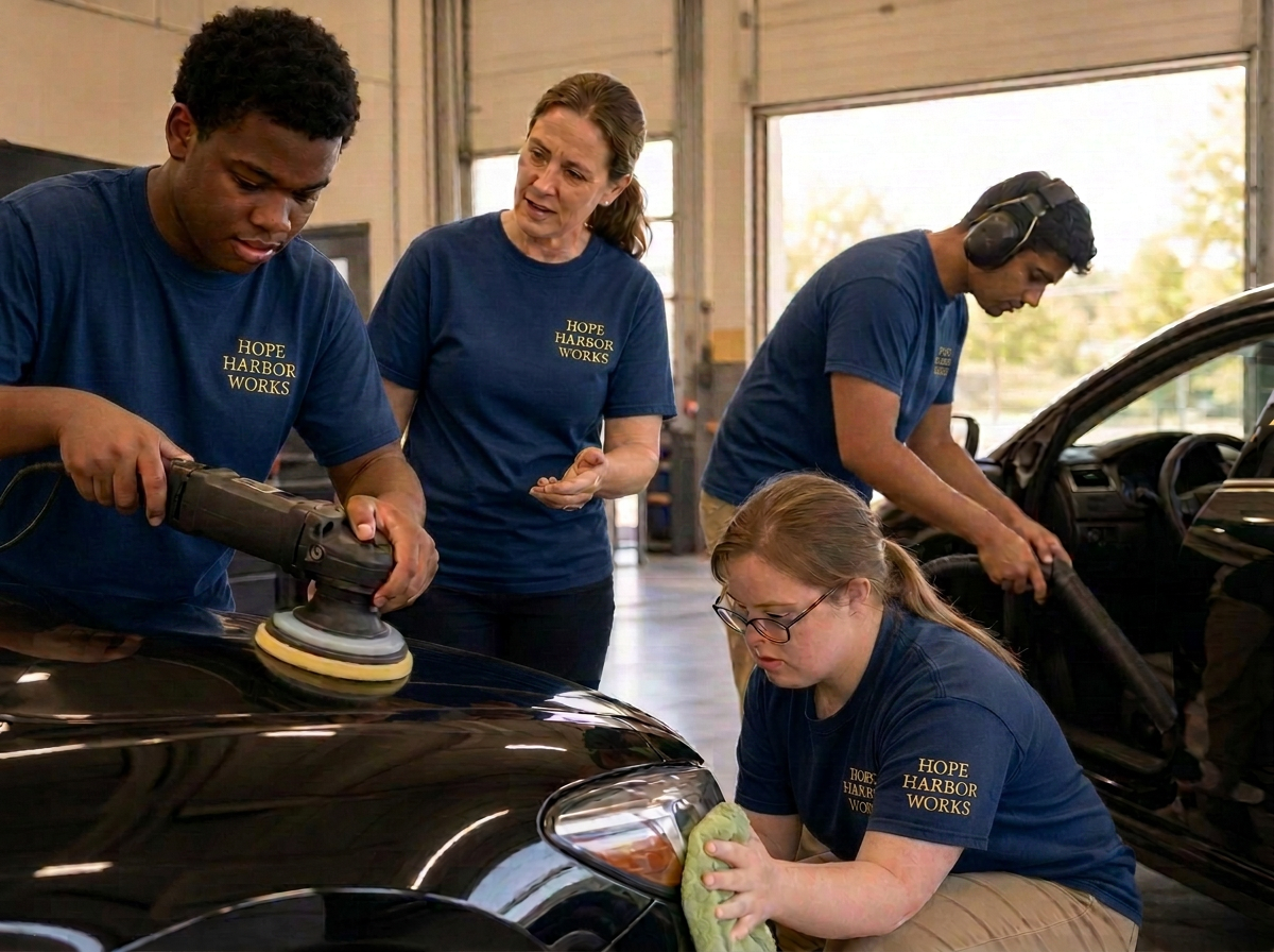 A student detailing a car in a bright service bay