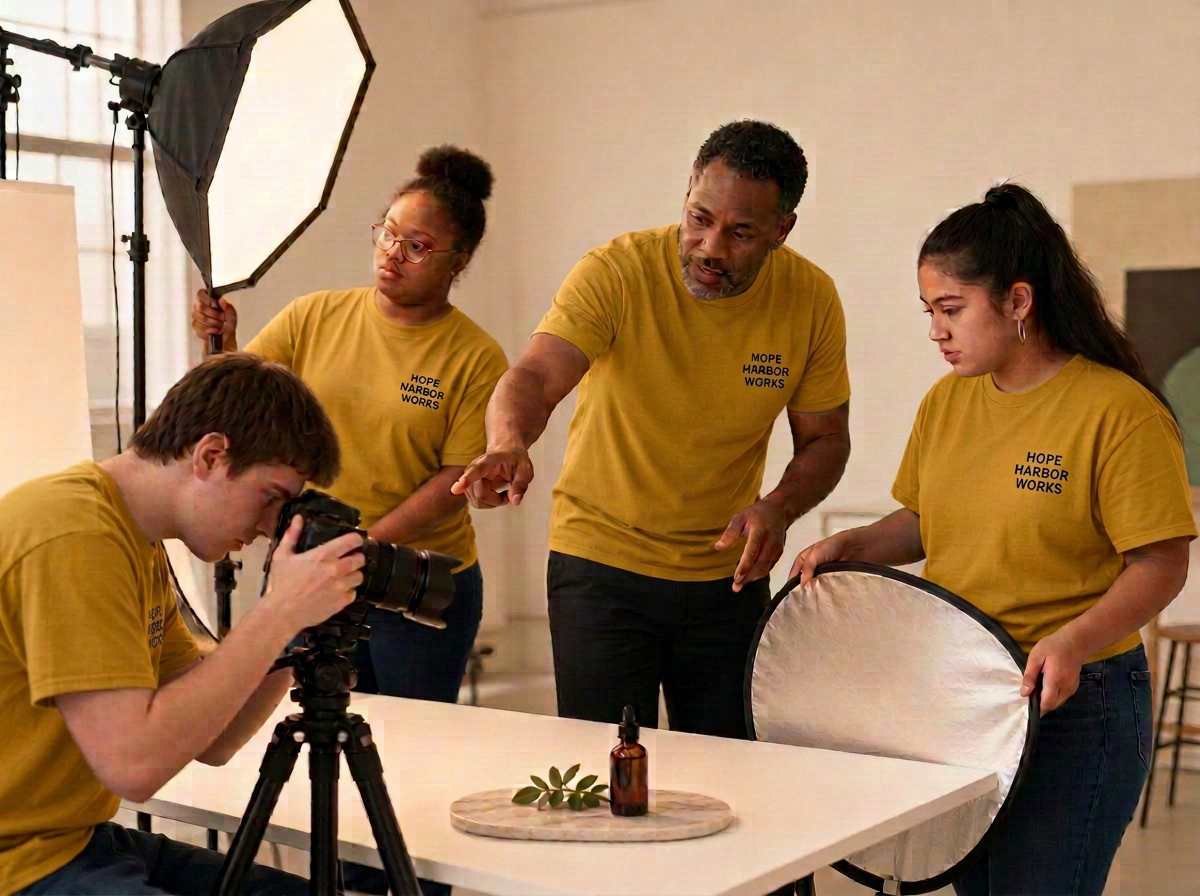 A student photographing a product in a studio