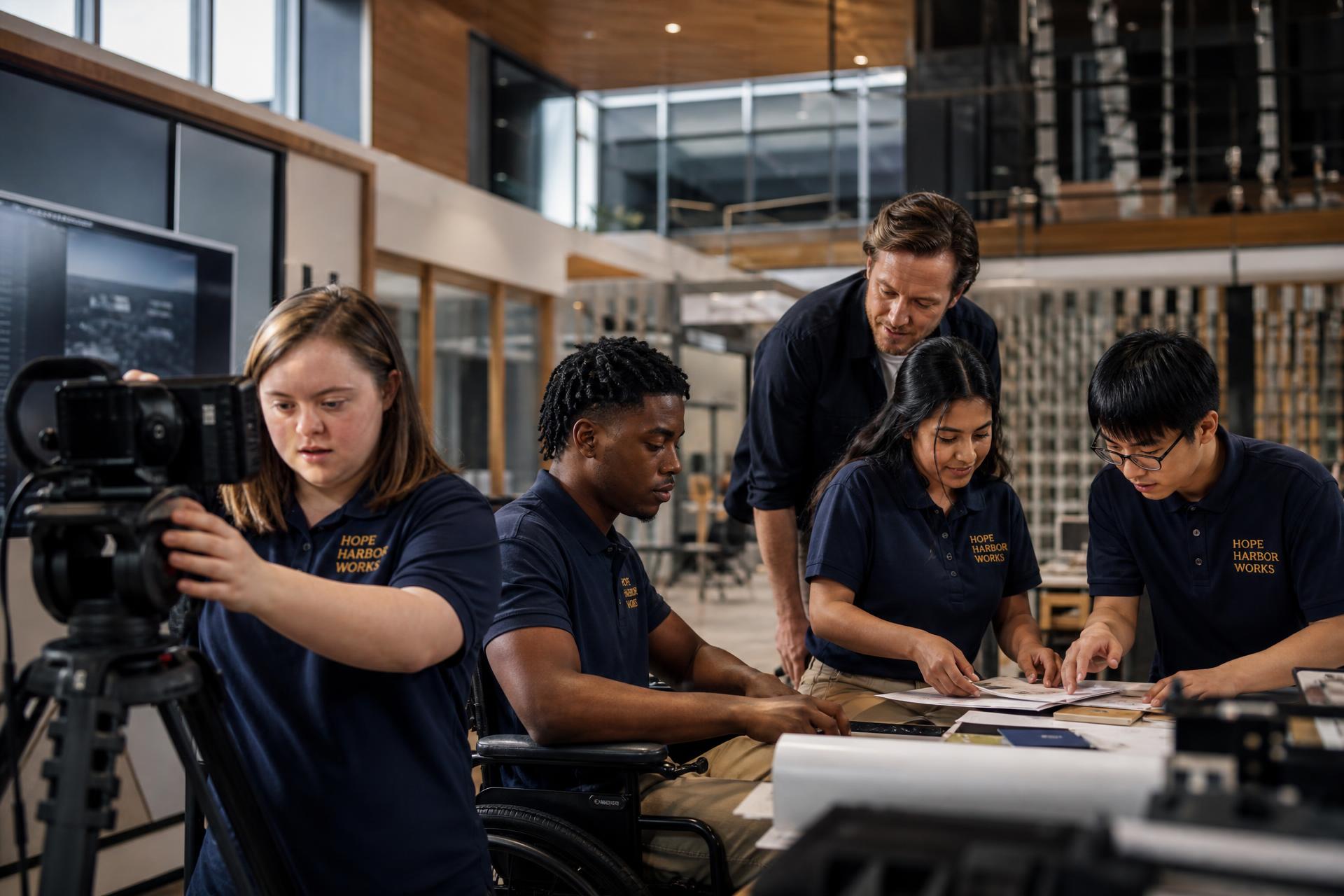 Diverse students collaborating in a modern career training studio